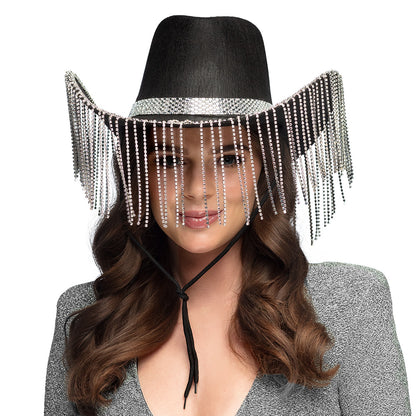 Chapeau Cowboy Frangé Pailleté Noir et Argent Adulte