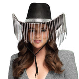 Chapeau Cowboy Frangé Pailleté Noir et Argent Adulte