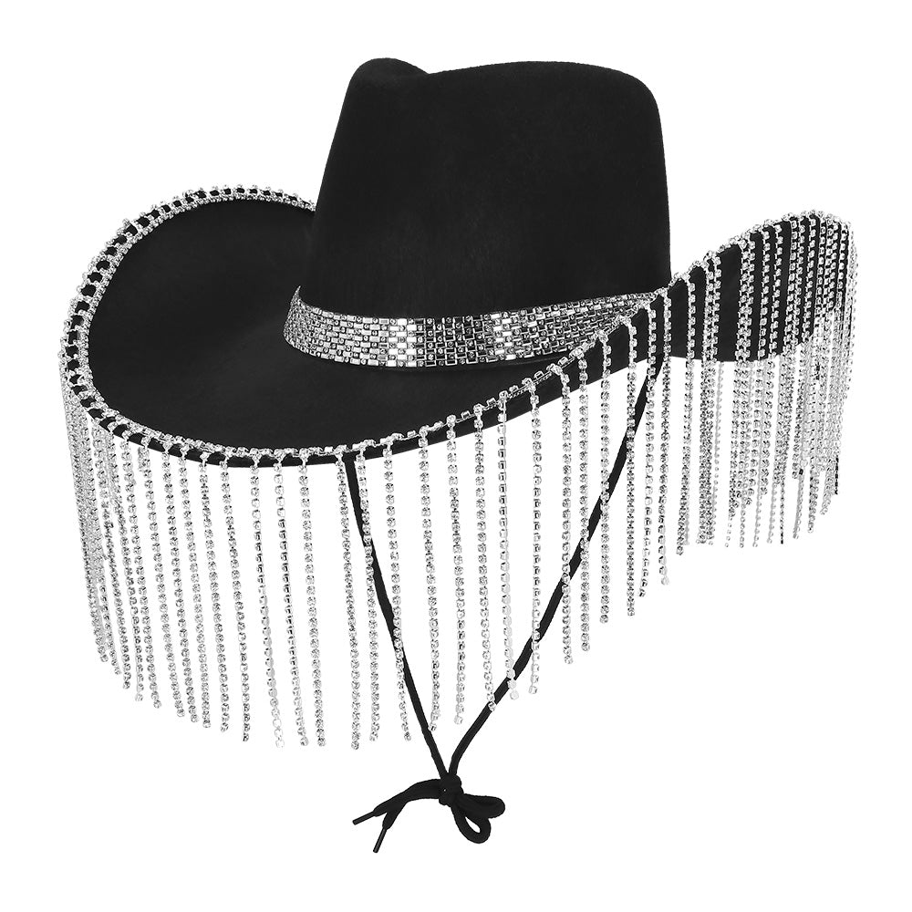 Chapeau Cowboy Frangé Pailleté Noir et Argent Adulte