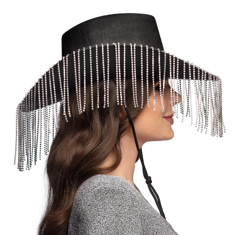 Chapeau Cowboy Frangé Pailleté Noir et Argent Adulte