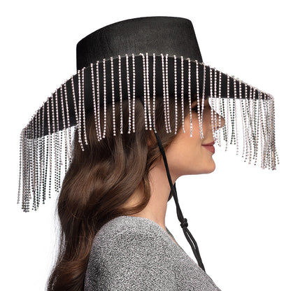 Chapeau Cowboy Frangé Pailleté Noir et Argent Adulte