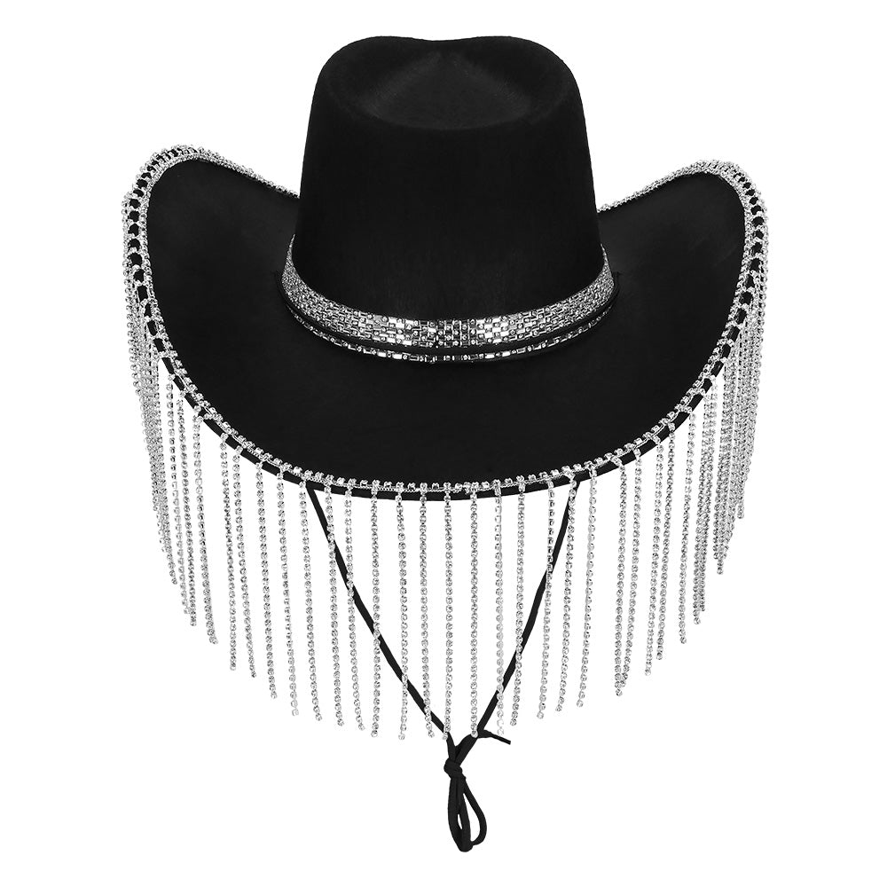 Chapeau Cowboy Frangé Pailleté Noir et Argent Adulte