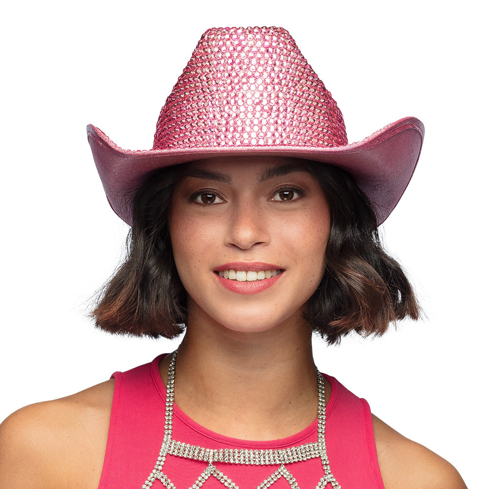 Chapeau Cowboy Paillettes Rose Fluo - Accessoire Fête Adulte