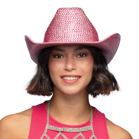 Chapeau Cowboy Paillettes Rose Fluo - Accessoire Fête Adulte