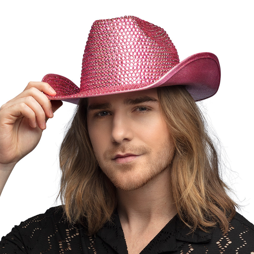 Chapeau Cowboy Paillettes Rose Fluo - Accessoire Fête Adulte