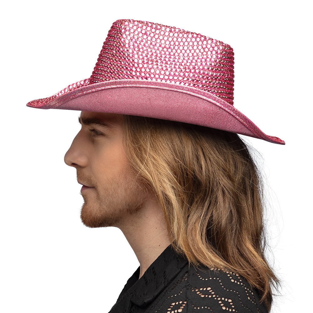 Chapeau Cowboy Paillettes Rose Fluo - Accessoire Fête Adulte