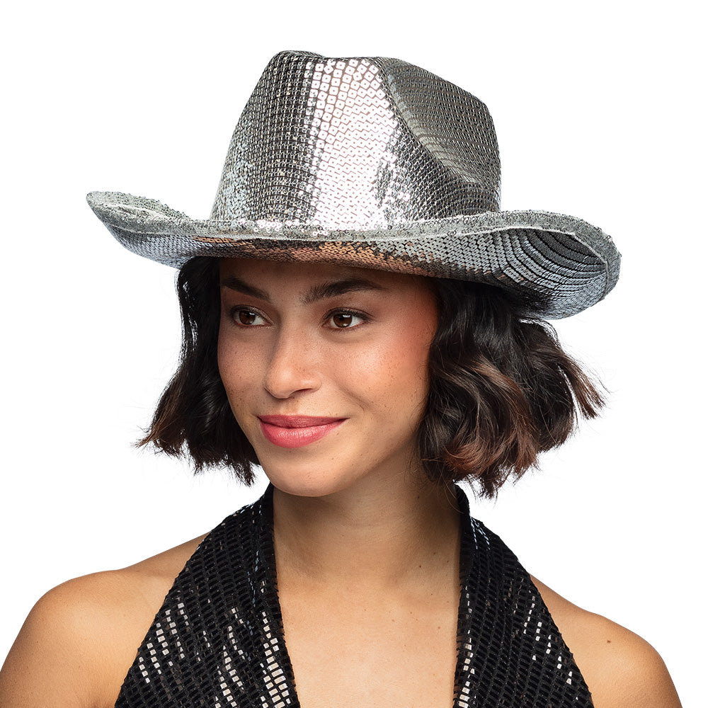 Chapeau Cowboy Paillettes Argent 58cm - Déguisement Festival