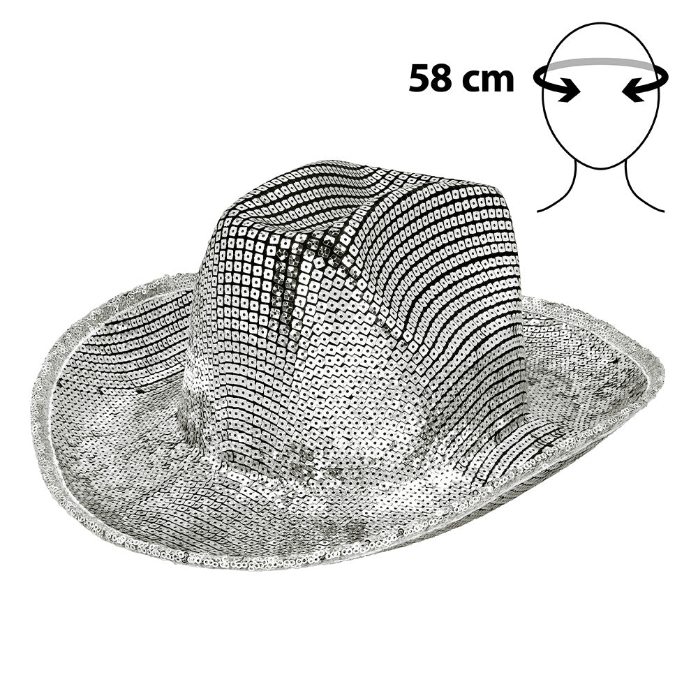Chapeau Cowboy Paillettes Argent 58cm - Déguisement Festival