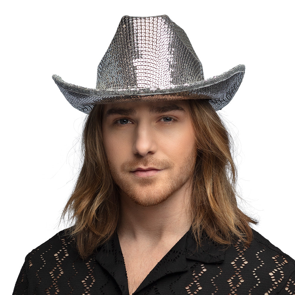 Chapeau Cowboy Paillettes Argent 58cm - Déguisement Festival