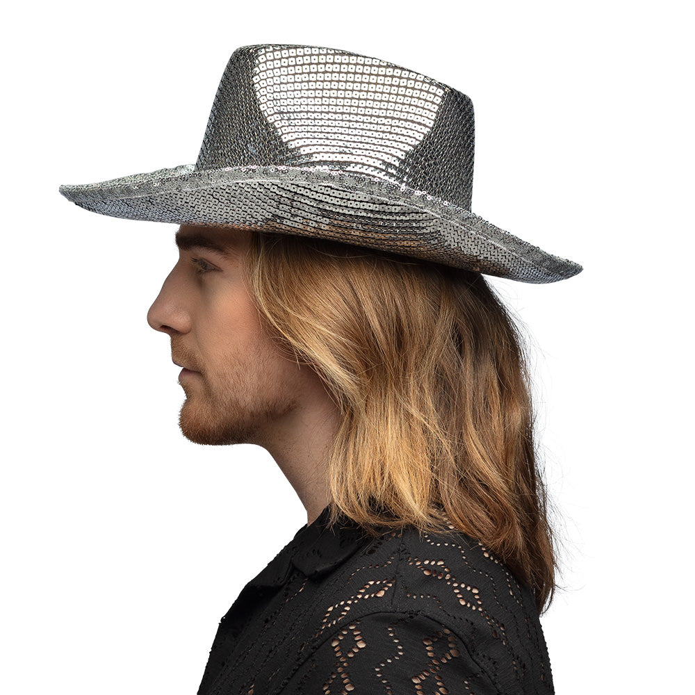 Chapeau Cowboy Paillettes Argent 58cm - Déguisement Festival