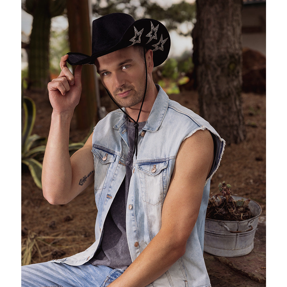 Chapeau Cowboy Noir Strass Étoiles - Déguisement Western