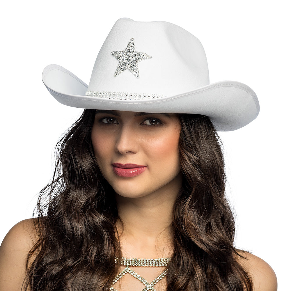 Chapeau Cowboy Blanc Pailleté avec Étoile - Accessoire de Fête