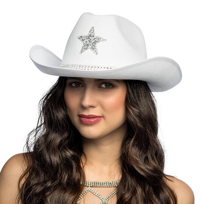 Chapeau Cowboy Blanc Pailleté avec Étoile - Accessoire de Fête