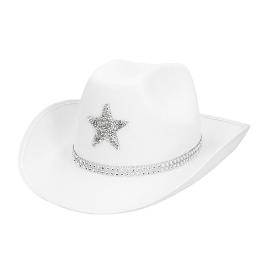 Chapeau Cowboy Blanc Pailleté avec Étoile - Accessoire de Fête