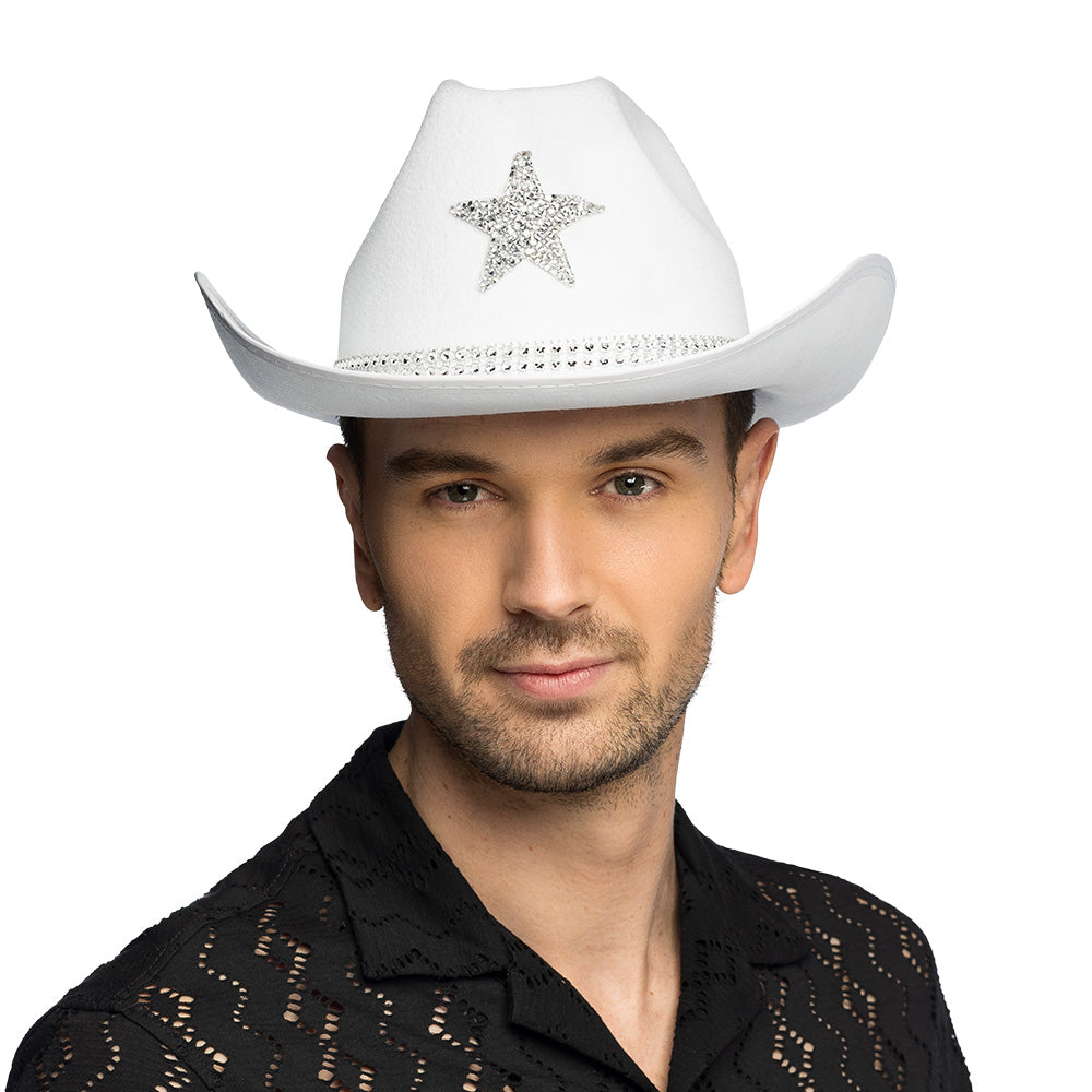 Chapeau Cowboy Blanc Pailleté avec Étoile - Accessoire de Fête