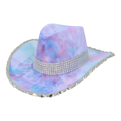 Chapeau Cowboy Paillettes Tie-Dye Rose Violet - Déguisement Adulte