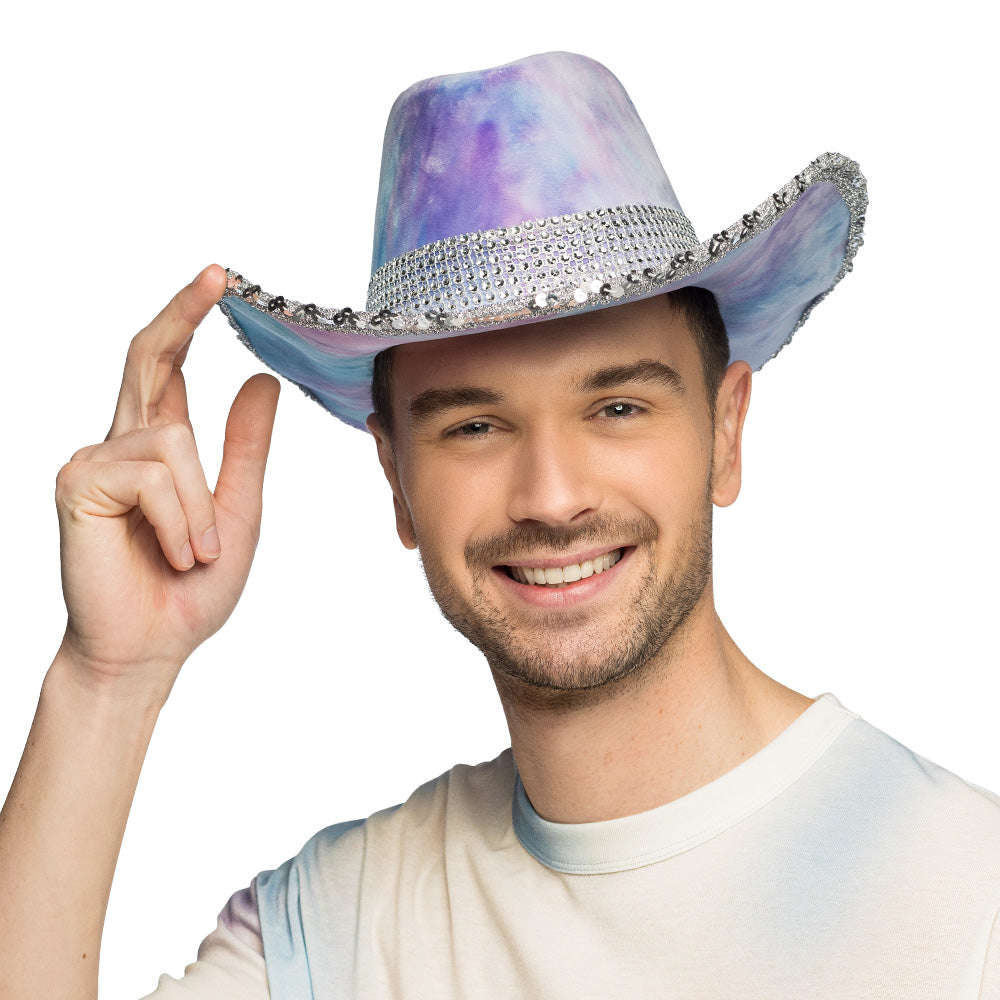 Chapeau Cowboy Paillettes Tie-Dye Rose Violet - Déguisement Adulte
