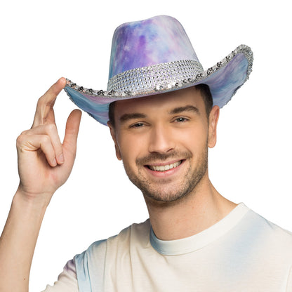 Chapeau Cowboy Paillettes Tie-Dye Rose Violet - Déguisement Adulte