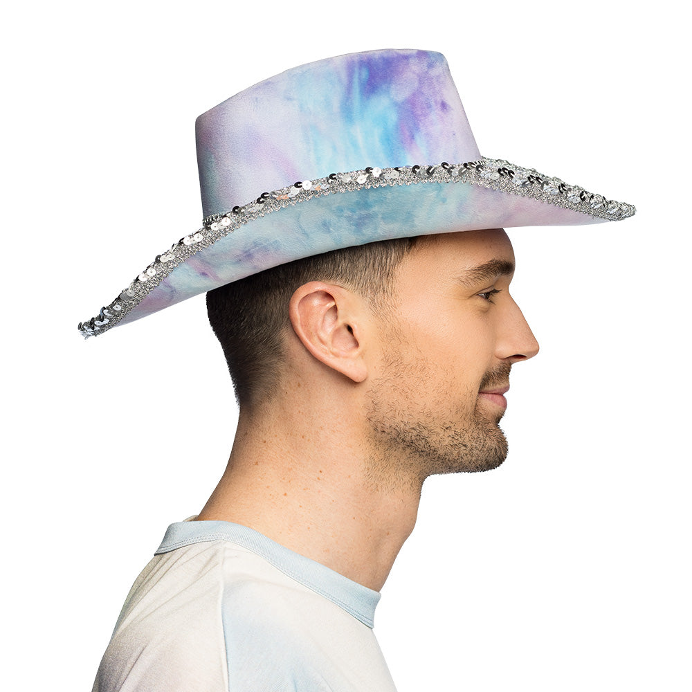 Chapeau Cowboy Paillettes Tie-Dye Rose Violet - Déguisement Adulte