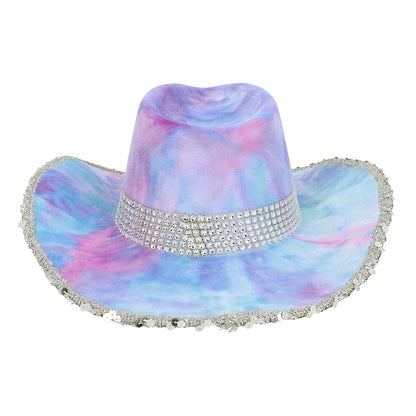 Chapeau Cowboy Paillettes Tie-Dye Rose Violet - Déguisement Adulte