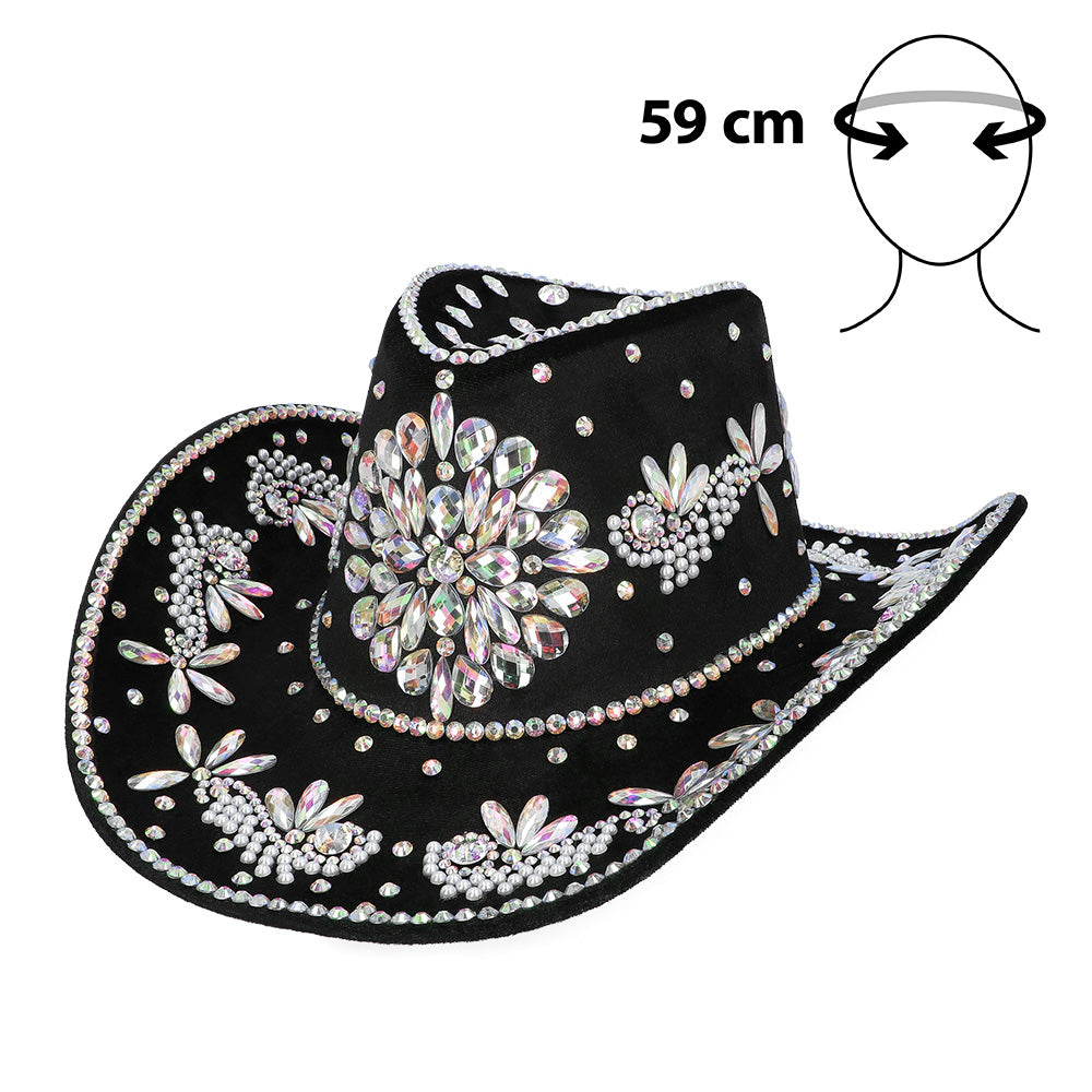 Chapeau Cowboy Noir Velours Cristaux Fleurs Paillettes