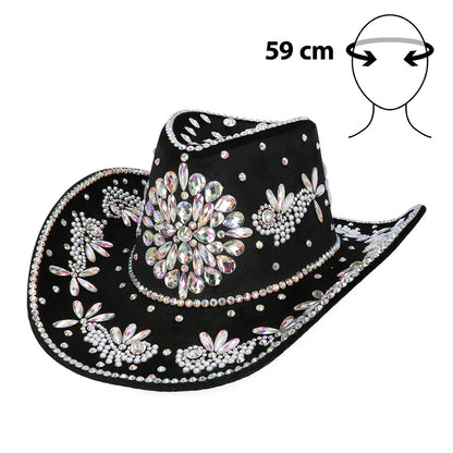 Chapeau Cowboy Noir Velours Cristaux Fleurs Paillettes