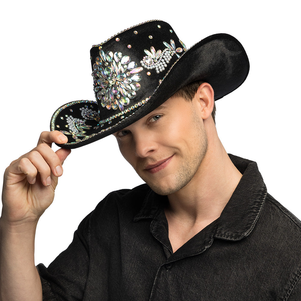 Chapeau Cowboy Noir Velours Cristaux Fleurs Paillettes
