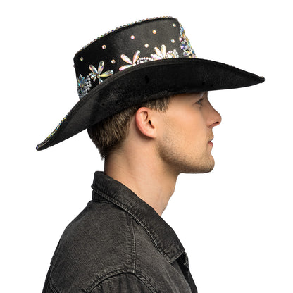 Chapeau Cowboy Noir Velours Cristaux Fleurs Paillettes