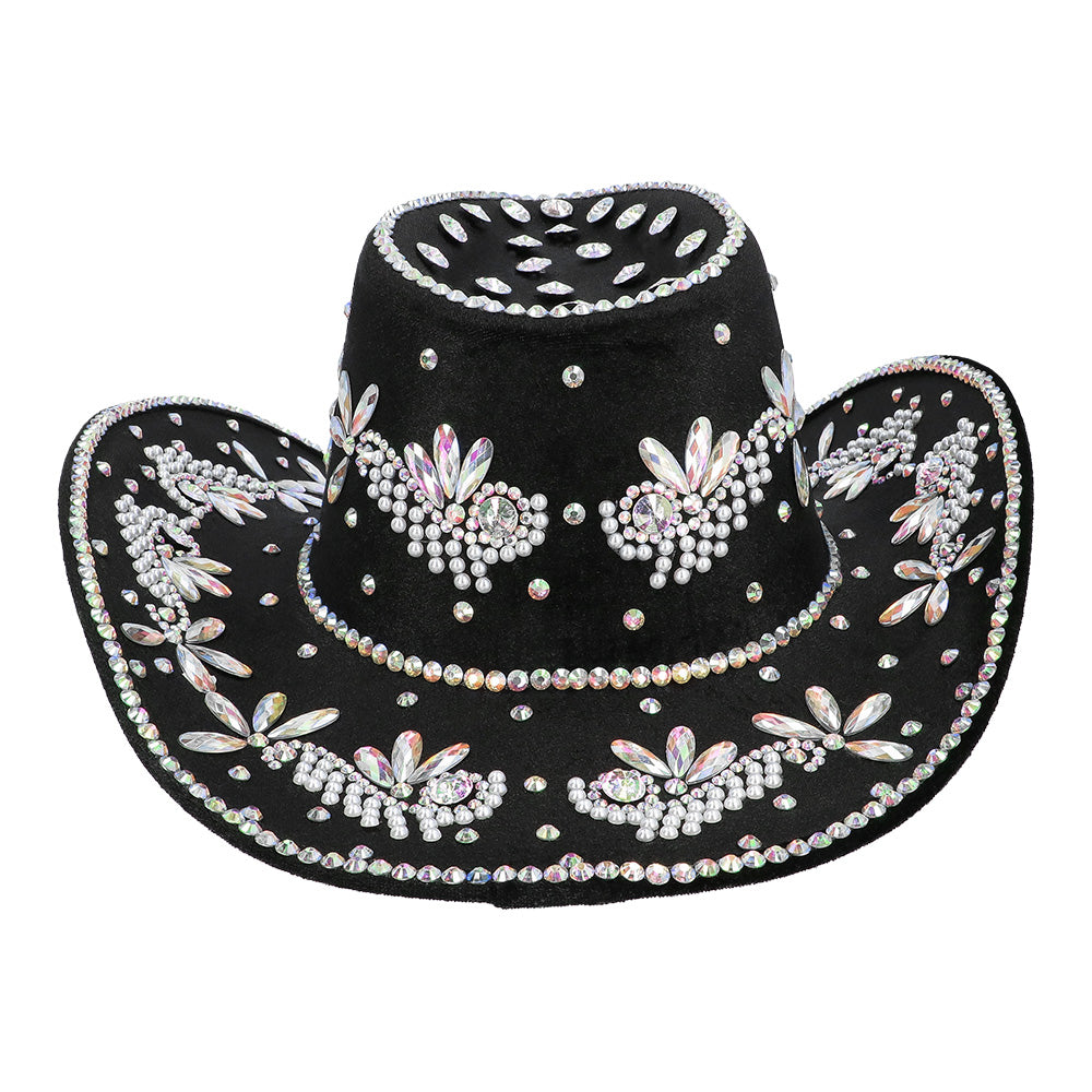 Chapeau Cowboy Noir Velours Cristaux Fleurs Paillettes