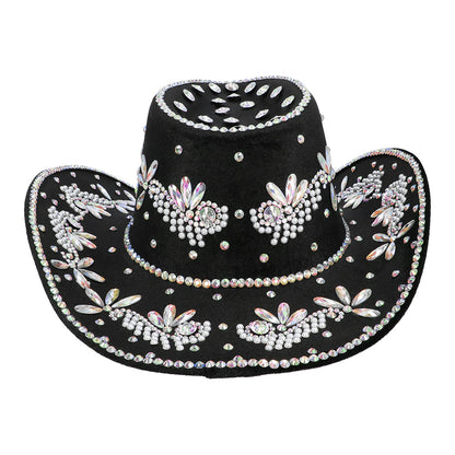 Chapeau Cowboy Noir Velours Cristaux Fleurs Paillettes