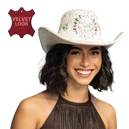 Chapeau Cowboy Blanc Perlé Strass Luxe - Déguisement Adulte