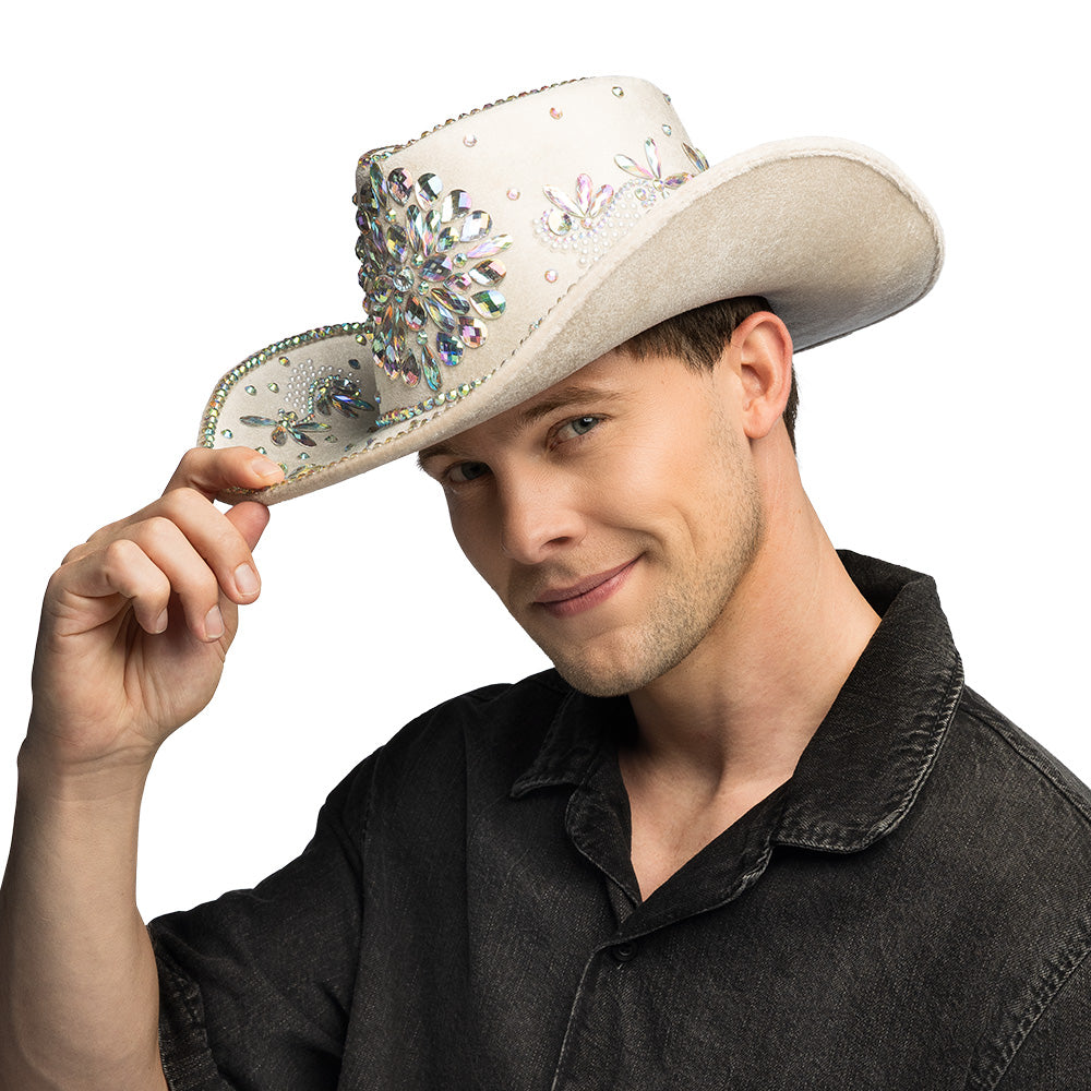 Chapeau Cowboy Blanc Perlé Strass Luxe - Déguisement Adulte