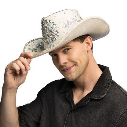 Chapeau Cowboy Blanc Perlé Strass Luxe - Déguisement Adulte