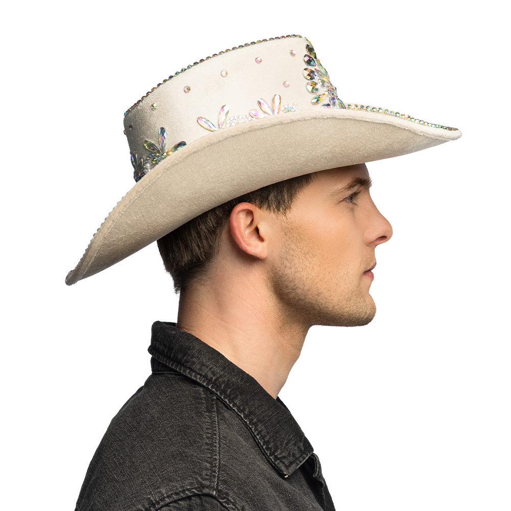 Chapeau Cowboy Blanc Perlé Strass Luxe - Déguisement Adulte