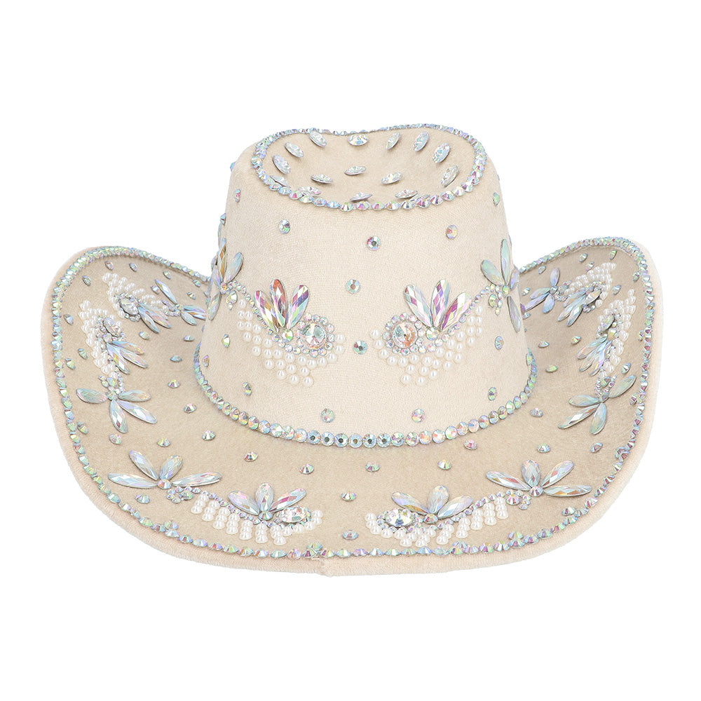 Chapeau Cowboy Blanc Perlé Strass Luxe - Déguisement Adulte