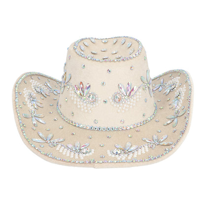 Chapeau Cowboy Blanc Perlé Strass Luxe - Déguisement Adulte