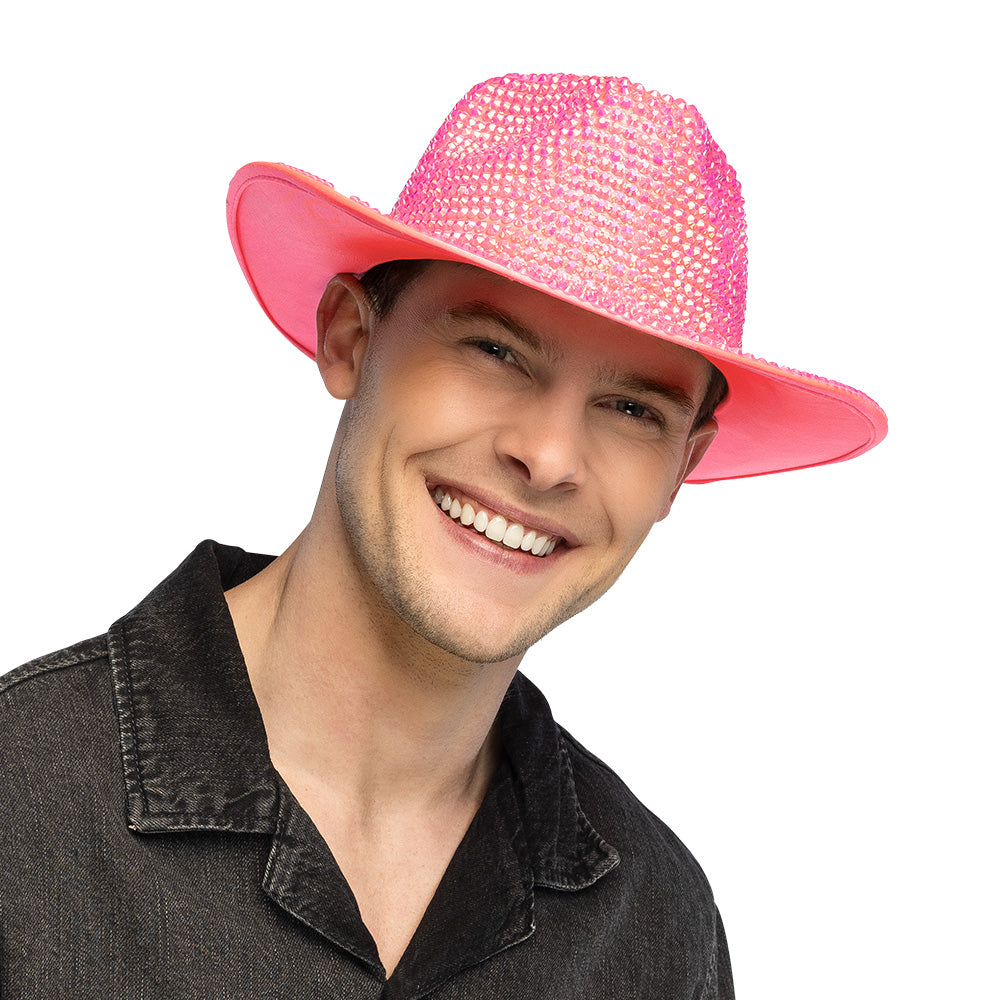 Chapeau Cow-Boy Sequins Rose Fluo Adulte UV Blacklight