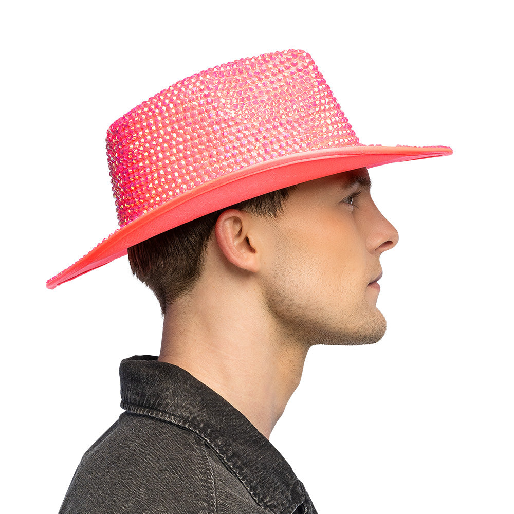 Chapeau Cow-Boy Sequins Rose Fluo Adulte UV Blacklight