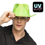 Chapeau Cowboy Paillettes Vert Fluo UV Blacklight Adulte