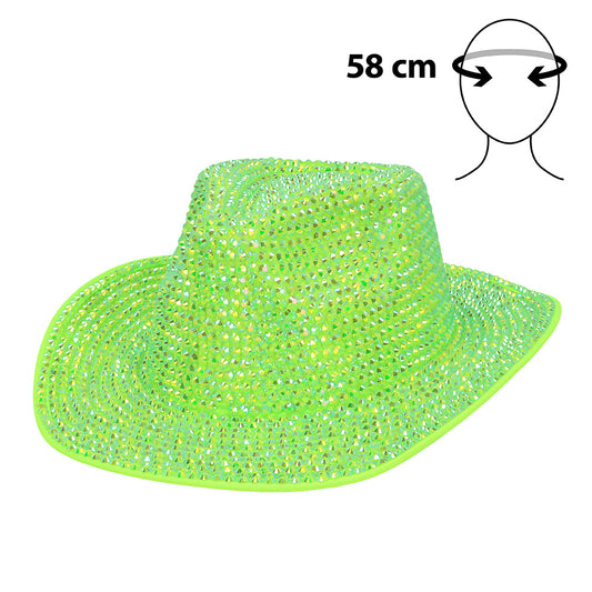 Chapeau Cowboy Paillettes Vert Fluo UV Blacklight Adulte