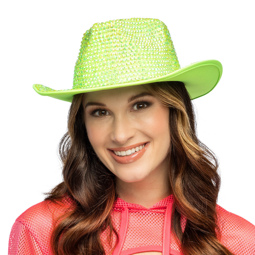Chapeau Cowboy Paillettes Vert Fluo UV Blacklight Adulte
