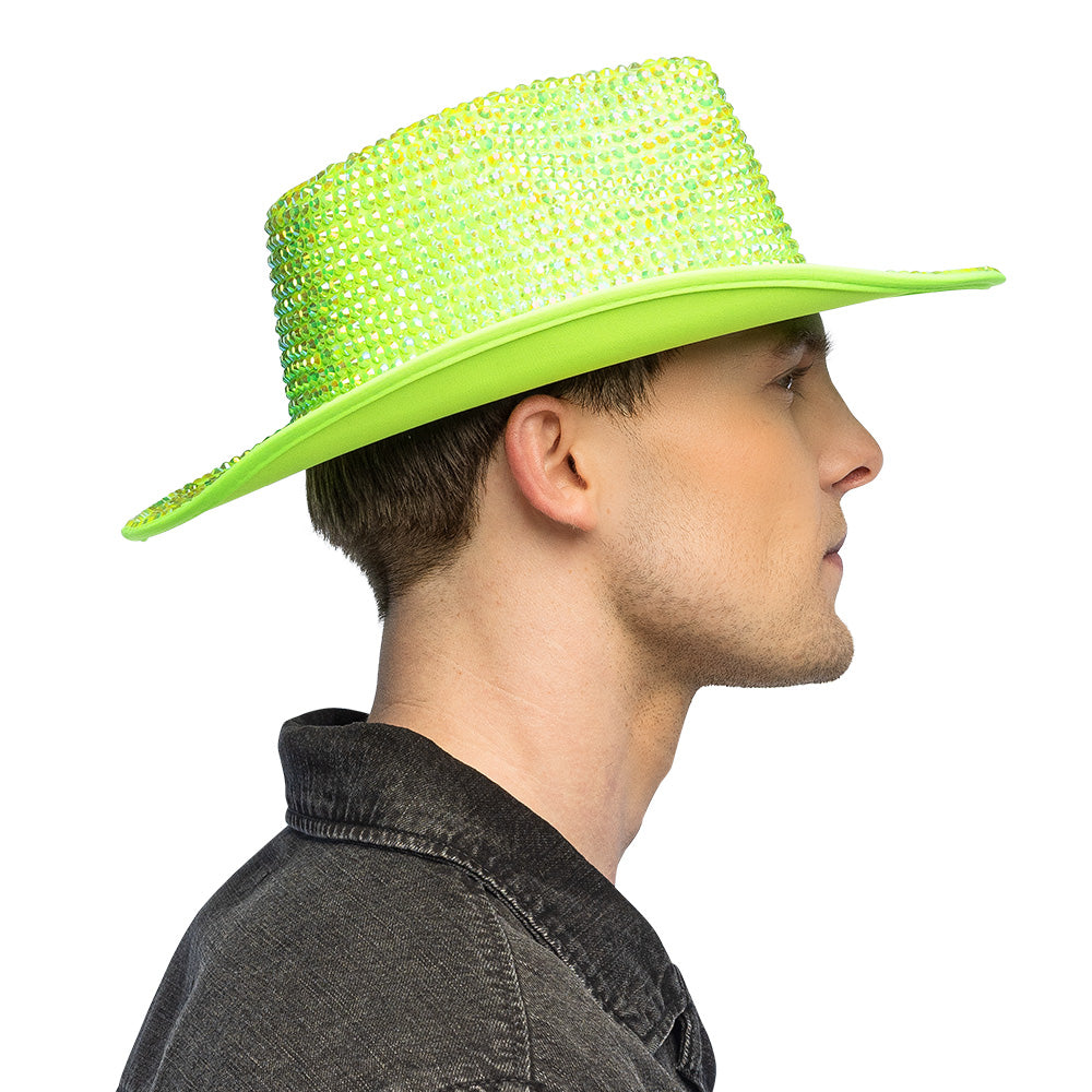 Chapeau Cowboy Paillettes Vert Fluo UV Blacklight Adulte