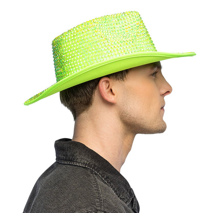 Chapeau Cowboy Paillettes Vert Fluo UV Blacklight Adulte