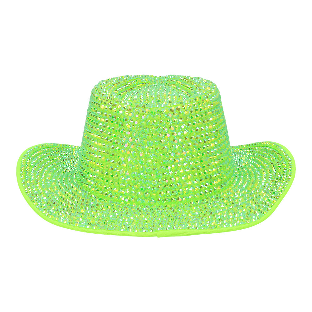 Chapeau Cowboy Paillettes Vert Fluo UV Blacklight Adulte