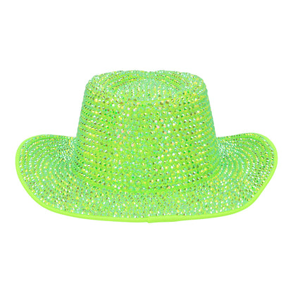 Chapeau Cowboy Paillettes Vert Fluo UV Blacklight Adulte