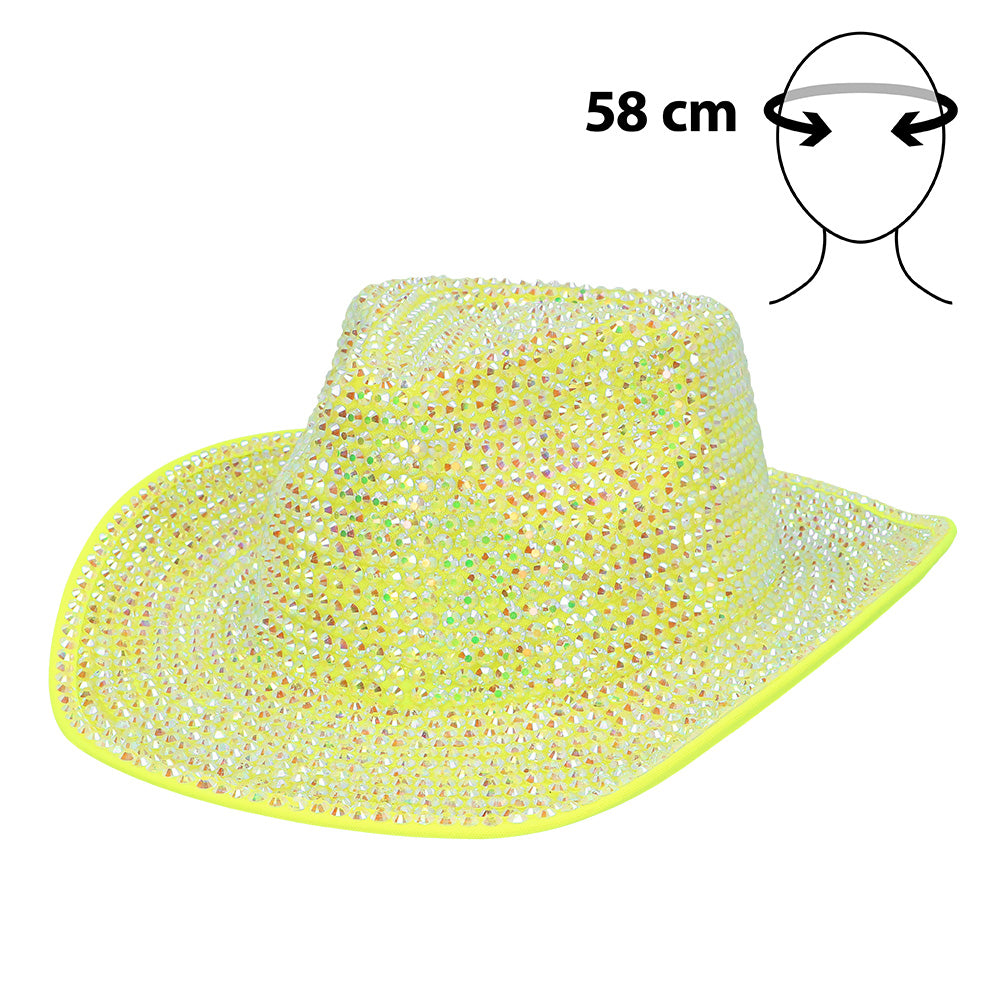 Chapeau Cowboy Jaune Paillettes UV Blacklight 58cm