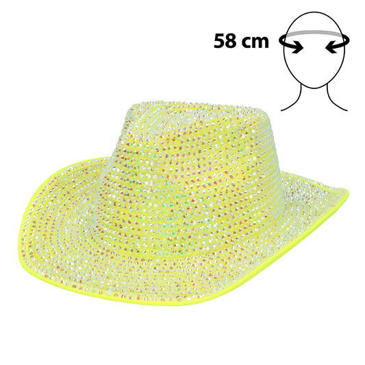 Chapeau Cowboy Jaune Paillettes UV Blacklight 58cm