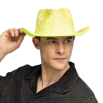 Chapeau Cowboy Jaune Paillettes UV Blacklight 58cm