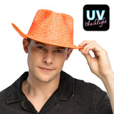 Chapeau Cowboy Paillettes Orange Fluo UV Blacklight
