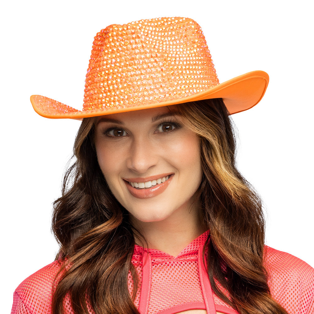 Chapeau Cowboy Paillettes Orange Fluo UV Blacklight
